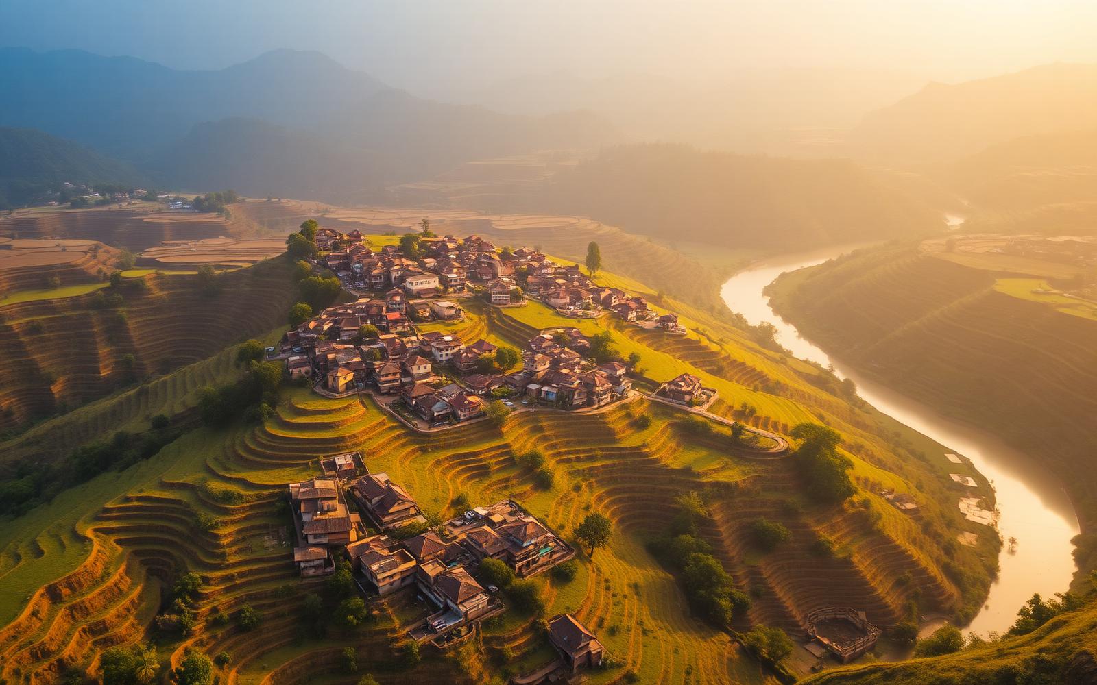 Aerial view of a rural Indian village at sunrise